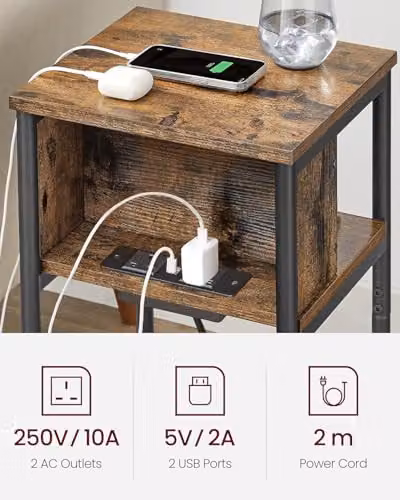 Alivio Slim Side Table with Charging Station and 2 AC Outlets, Brown, W/D/H: 30 x 34 x 58 cm – 2