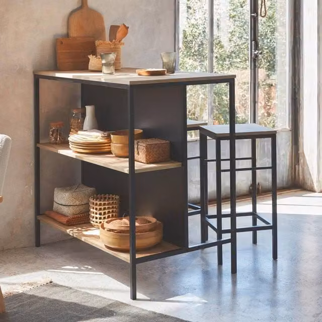 sweeek Industrial Wood and Metal High Table with 2 Stools in Light Brown and Black, W/D/H: 100 x 60 x 95 cm