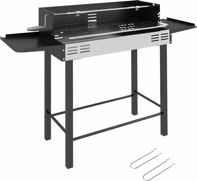Outsunny Charcoal BBQ Rotisserie Grill with 3-Level Grate and Side Shelves, Black and Silver