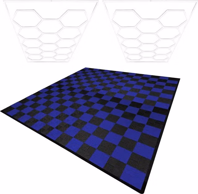 Monstershop Hexagon LED Lights (Pack of 2) and Vented Garage Floor Tiles with Edges, Black and Blue, 450 x 36 cm