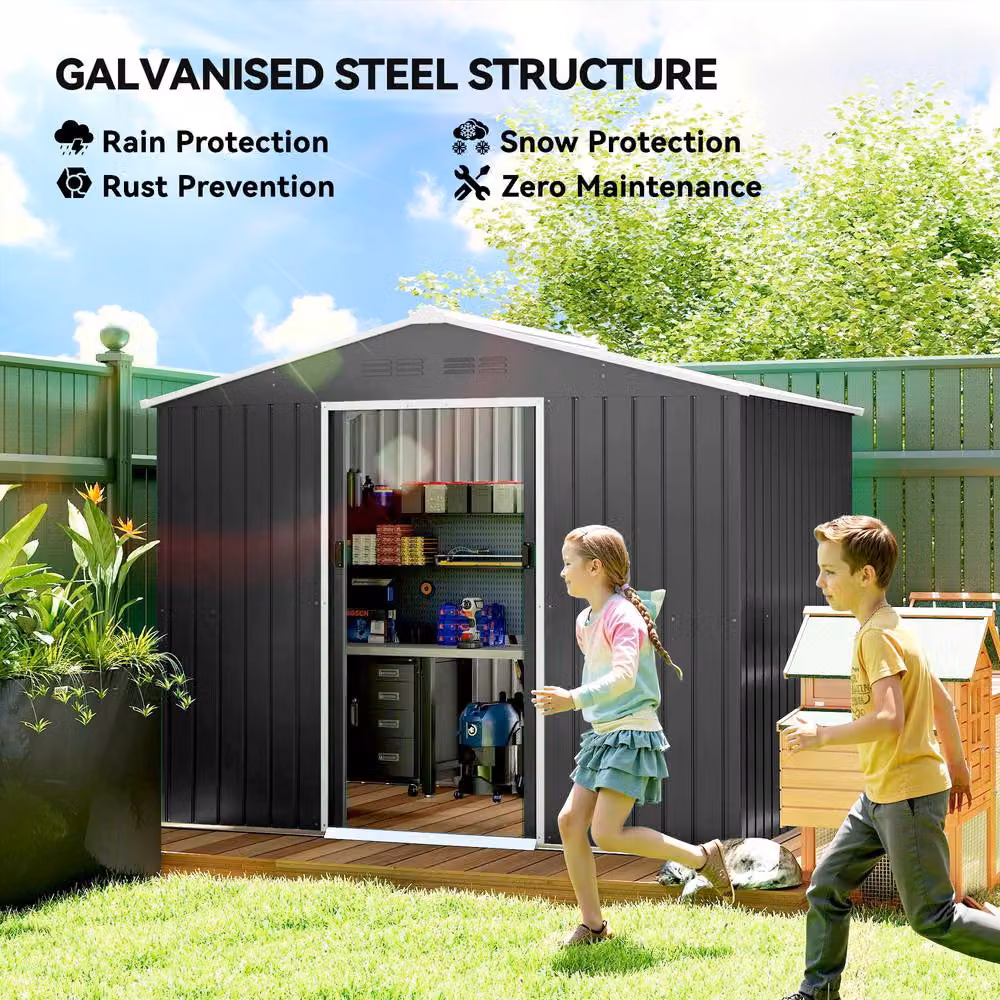 OUTSUNNY Grey Galvanised Steel Pent Garden Storage Shed with Double Door – 3