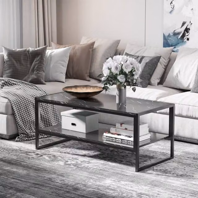 STILVORA Modern Black Rectangular Coffee Table with Two-Tier Storage Shelf and Sled Base