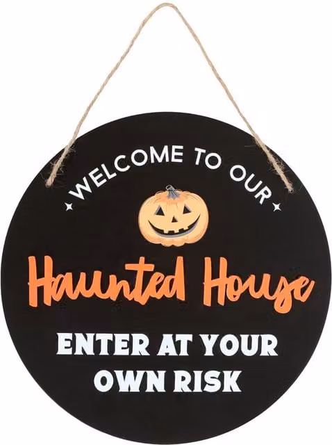 Something Different Haunted House Round Wooden Halloween Hanging Plaque - Black, White and Orange