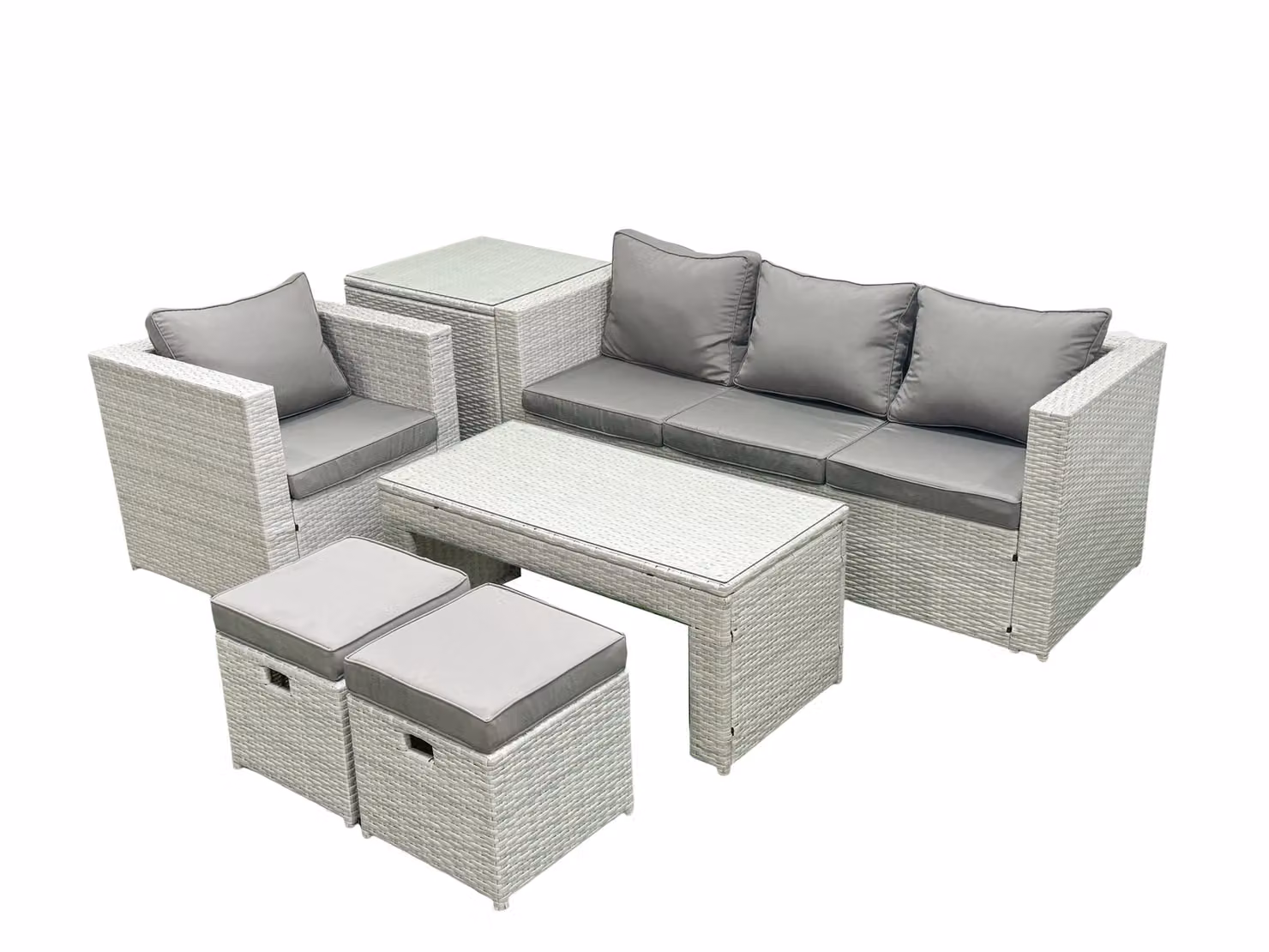 Fimous 6 Seater Rattan Garden Furniture Set in Light Grey with Sofa, Coffee Table and 2 Footstools – 2