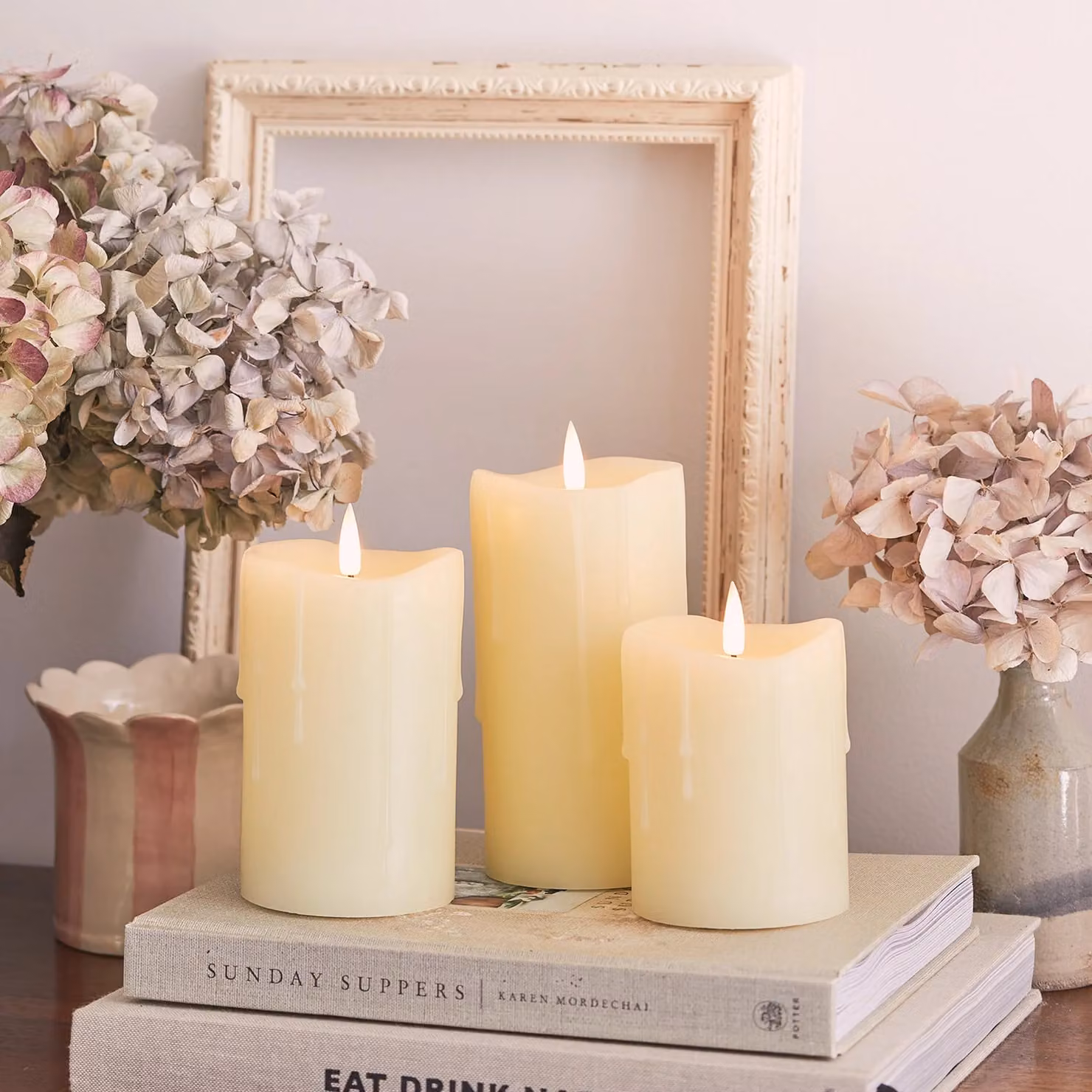 TruGlow® White Dripping Wax LED Pillar Candle Trio with Remote Control, Flicker Effect and Timer