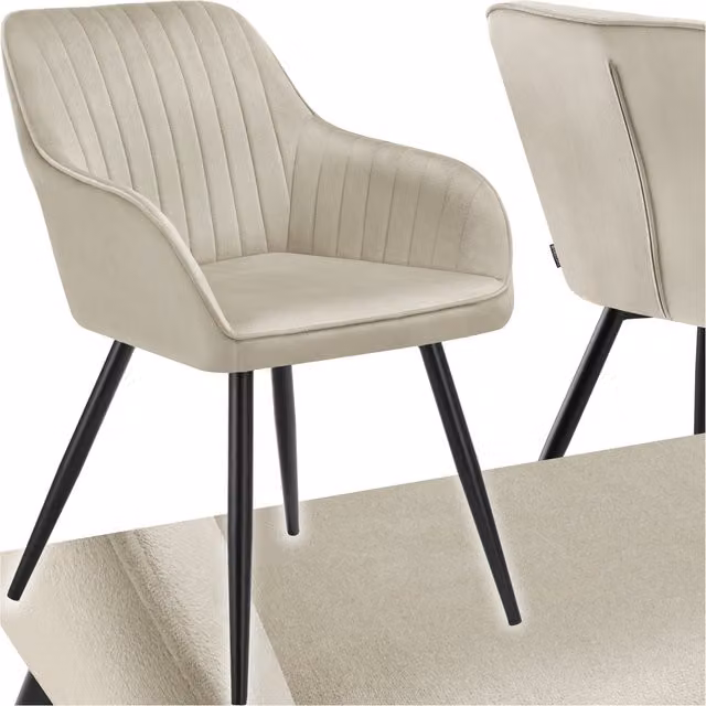 Tectake Modern Upholstered Dining Chair in Beige Velvet with Silver Metal Legs