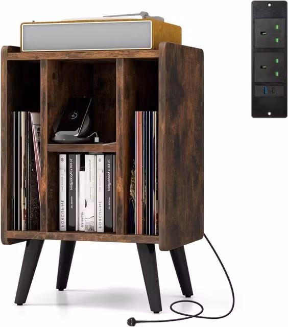 COSTWAY Mid-Century Brown Wood Record Player Stand and Vinyl Storage Unit with Back Panel