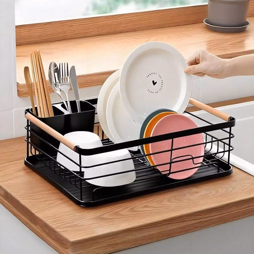 Kelvenix Black Kitchen Counter Dish Drainer Rack with Drip Tray and Cutlery Holder – 5