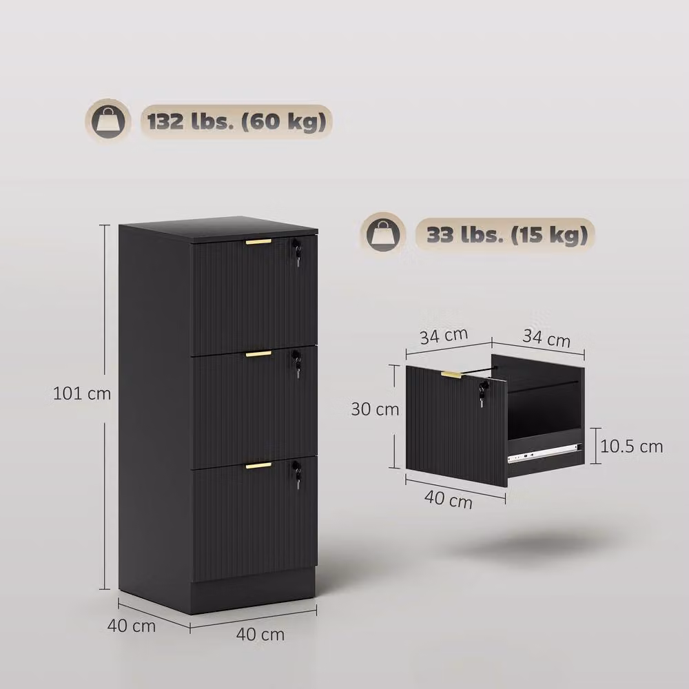 HOMCOM Black Modern File Cabinet with 3 Lockable Drawers and Hanging Rails – 3