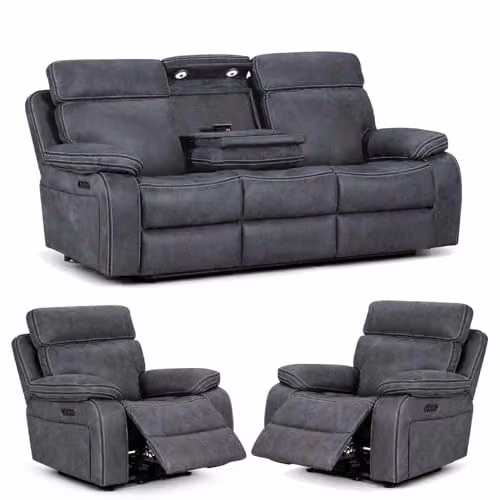Furnishings For Less UK Tokyo 3 Piece Electric Recliner Sofa Suite in Grey Synthetic Leather with USB Charging and Cup Holders – 1