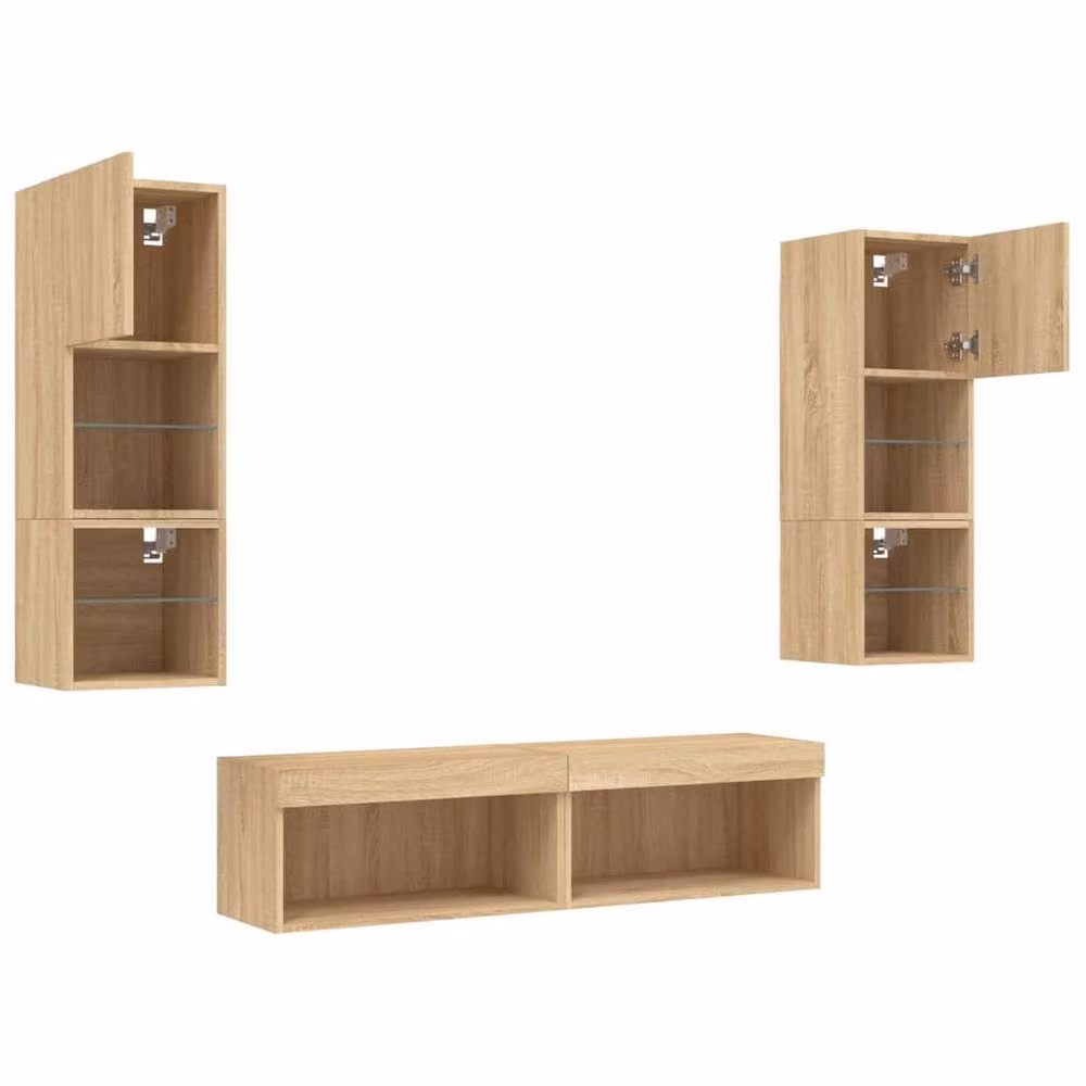 Berkfield Home 6 Piece Modern TV Wall Unit Set with LED Integrated Lighting in Sonoma Oak and Beige – 2