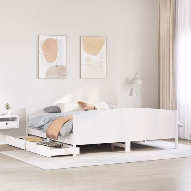 Berkfield Home Super King Solid Wood Pine Bed Frame with Drawers, White, W/D/H: 180 x 200 cm