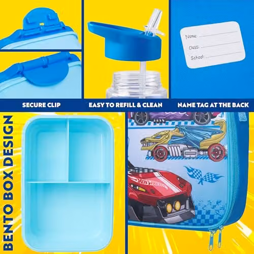 Get Trend Hot Wheels 3 Piece Lunch Set with Water Bottle and Lunch Box, Blue, BPA Free and Leakproof – 4
