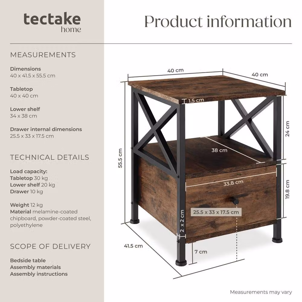 tectake Falkirk Bedside Table with 2 Shelves and 1 Drawer in Brown – 6
