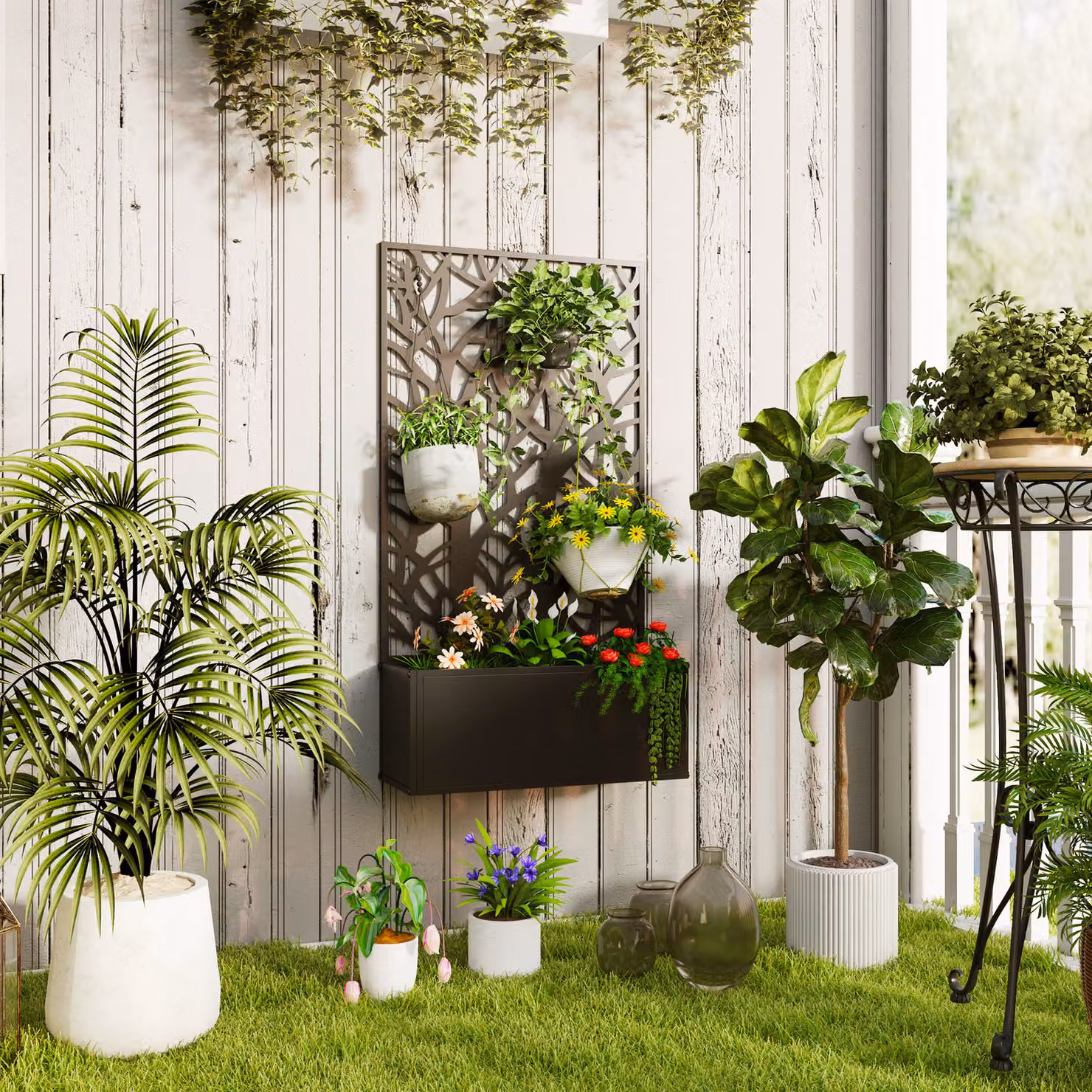 Outsunny Black Metal Garden Bed with Privacy Screen, Wall Mounted or Freestanding Raised Planter for Climbing Plants, Flowers and Vegetables, W/D/H: 58 x 24 x 23 cm – 2