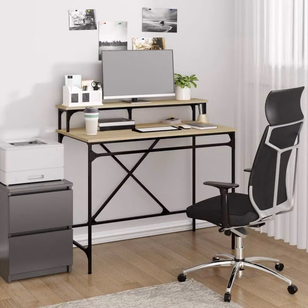 Berkfield Sonoma Oak Computer Desk in Beige with Metal X-Frame, W/D/H: 100 x 50 x 90 cm – 2
