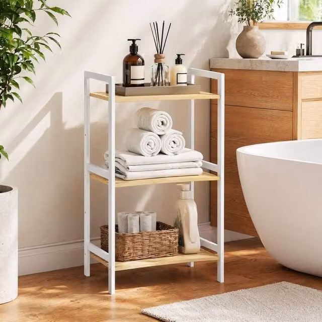 STILVORA White Lacquered Bamboo Storage Shelf with 4 Adjustable Shelves