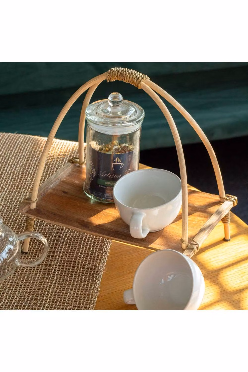 KDMD Handcrafted Coconut Leaf Tea Stand in Natural Rattan and Wood, W/D/H: 20.0 x 14.0 x 14.0 cm – 2