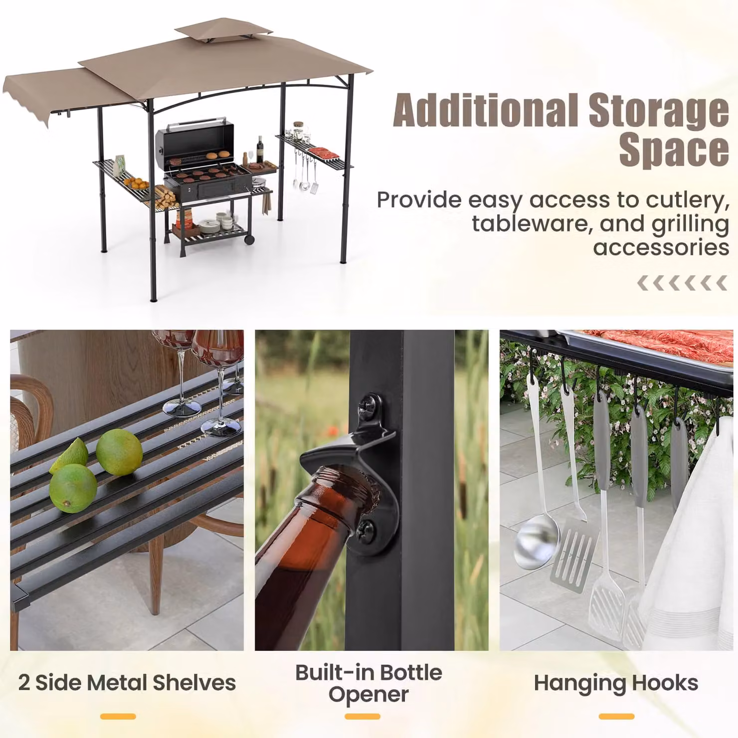 Costway Grill Gazebo Outdoor Barbecue Canopy Tent with Side Awning, Brown, W: 318 cm, D: 153 cm, H: 242 cm – 7