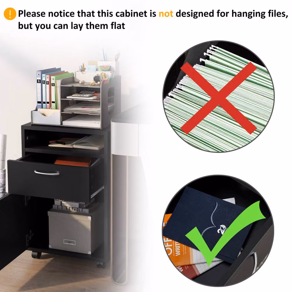 STILVORA Black Modern Filing Cabinet with Drawer, Shelf, Door and Castors – 6