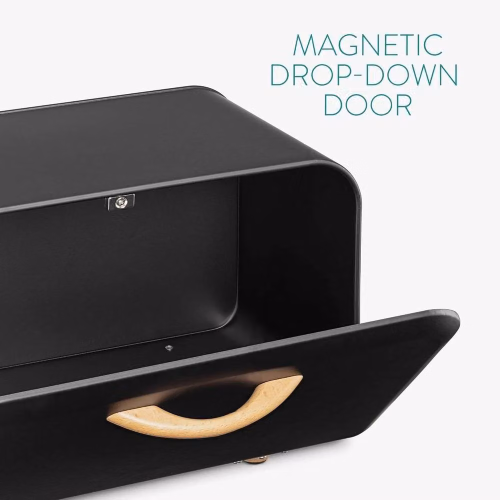 Havendro Metal Bread Bin with Roll Front Drop Down Door in Black, W: 35.2 cm, D: 23.5 cm, H: 23.0 cm – 4