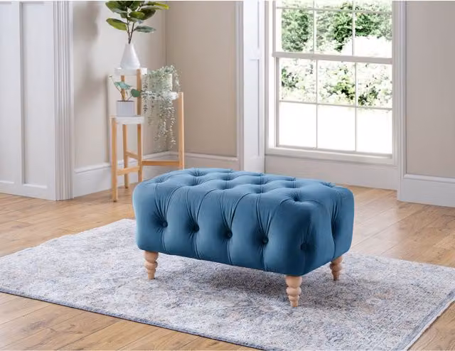 FurnitureboxUK Olivia Blue Velvet Upholstered Chesterfield Footstool
