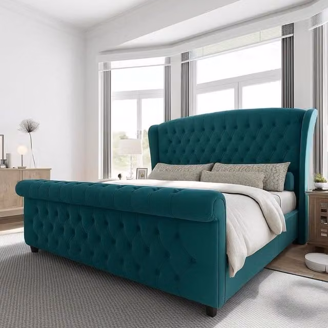 Paradies Modern Green Velvet Upholstered Wing Bed Frame with Tufted Headboard, W: 118 cm
