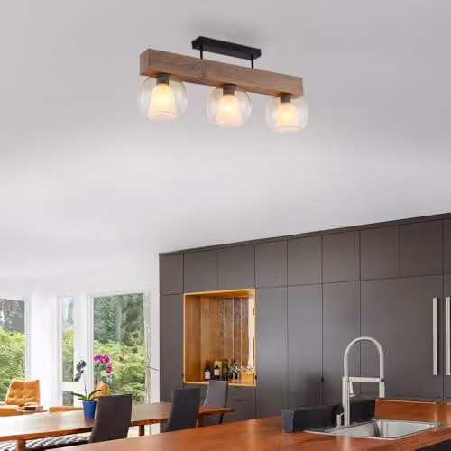 Netlighting Barry I Ceiling Spotlight Bar in Black and Wood with Amber Glass Shades for 3x E27 Bulbs – 3