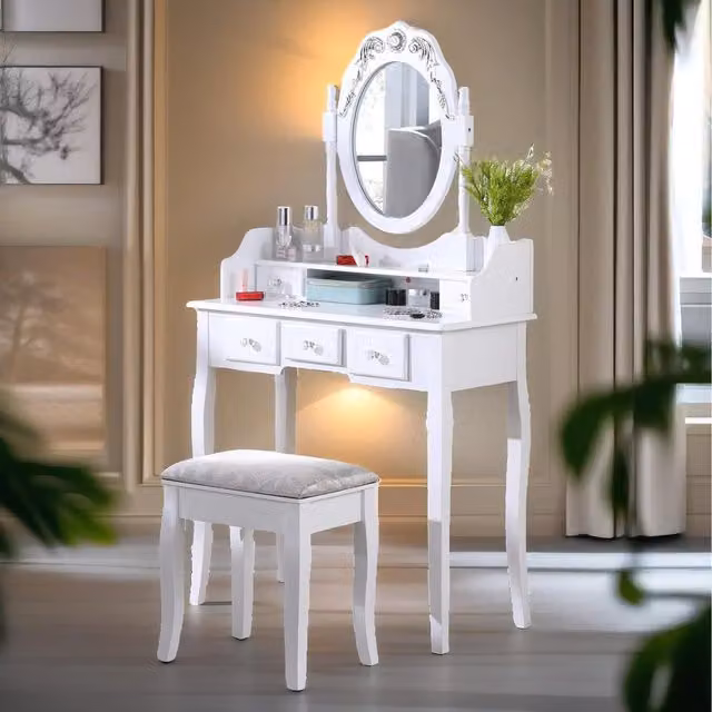 Pirlo Plush White Lacquered MDF Dressing Table with Mirror and Stool