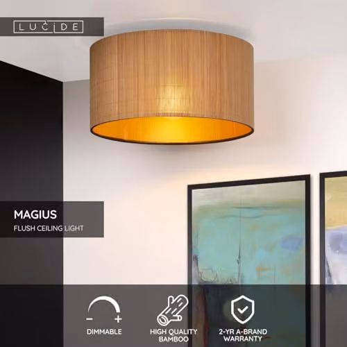 Lucide Magius Scandinavian Dimmable Flush Ceiling Light in Brown Wood and Rattan, Diameter: 42 cm – 2