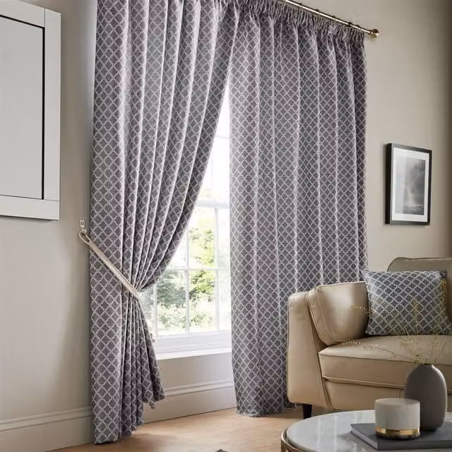 Luxury Living Modern Geometric Two-Tone Jacquard Pencil Pleat Taped Curtains in Grey, Width: 117 cm, Drop: 229 cm