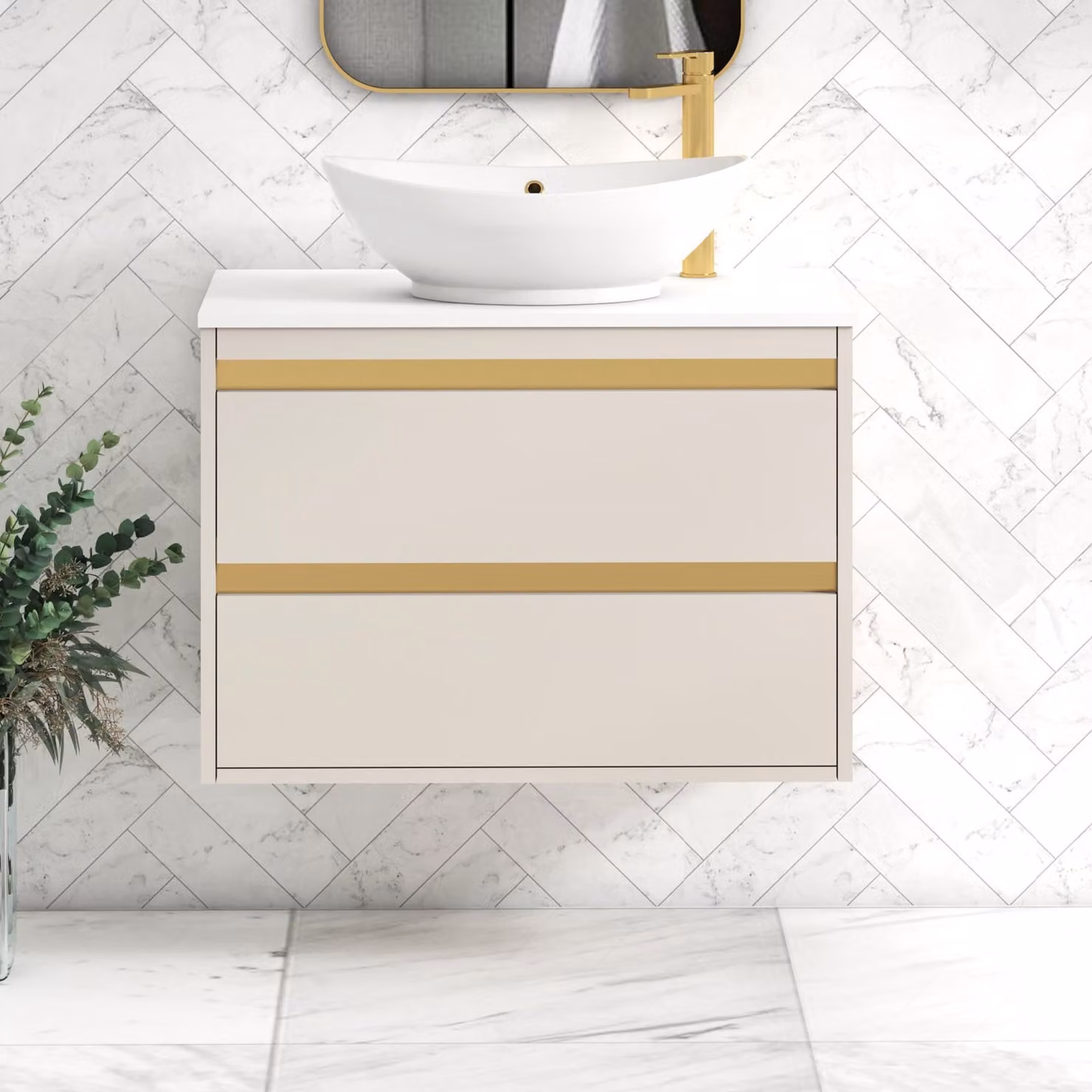Royal Bathrooms Orion 800mm Warm Taupe Wall Hung Vanity Unit with Amaze Basin and Brushed Brass Accent Trim