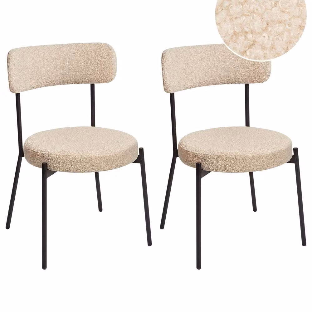 Wyld and Coco Set of 2 Dining Chairs in Light Beige Bouclé with Black Metal Legs – 2
