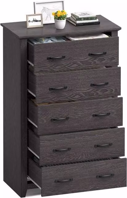 Costway 5 Drawer Vertical Wooden Chest of Drawers and Storage Organiser in Grey