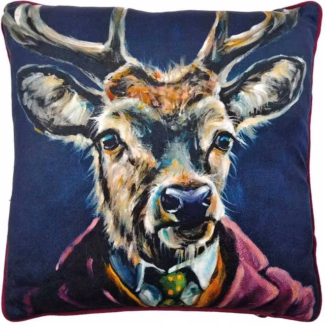 Louise Brown Clyde Square Filled Velvet Cushion in Brown, Blue and Multicolour