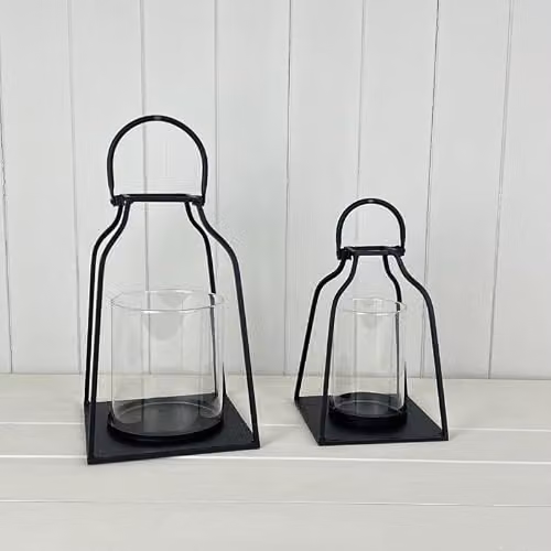 Gift Company Black Multicolour Metal Pillar Candle Holder Lantern, Rectangular Tabletop Design