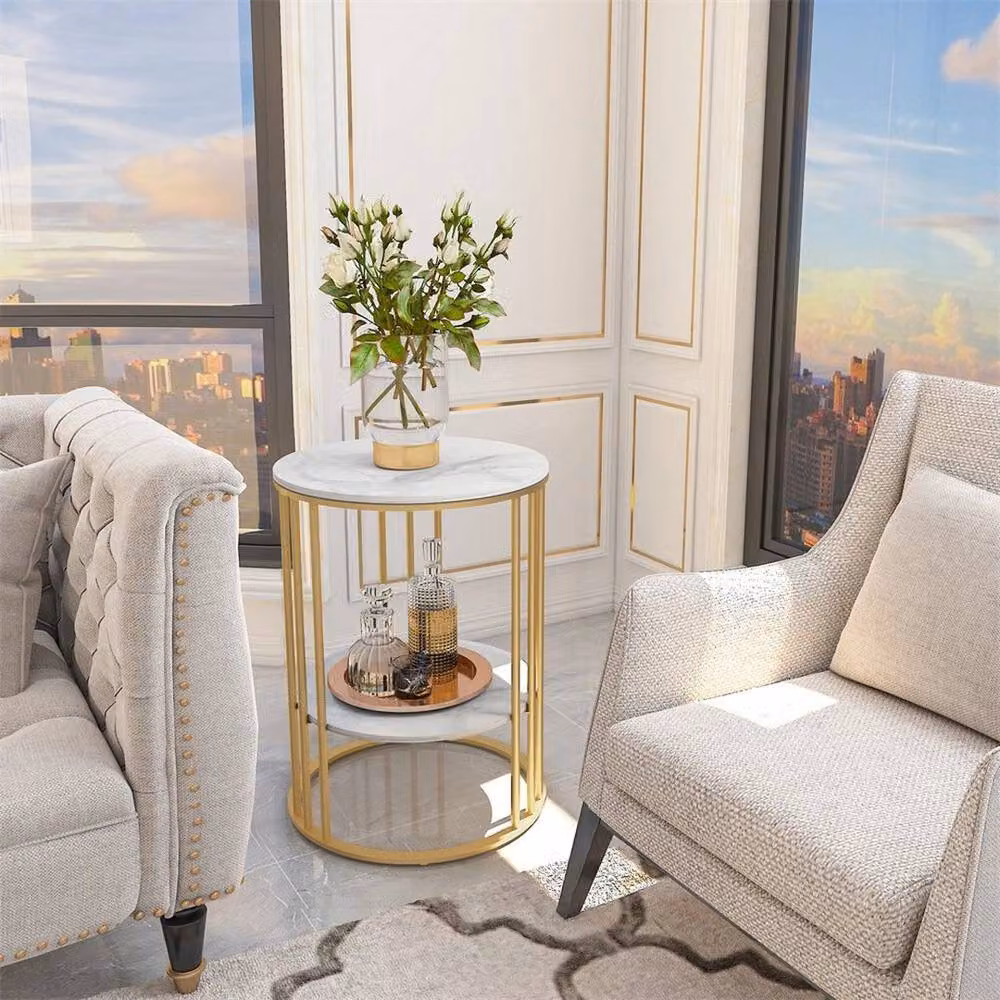 FLAVORA Gold and White Round Ceramic Coffee Table with Abstract Stone Design – 2