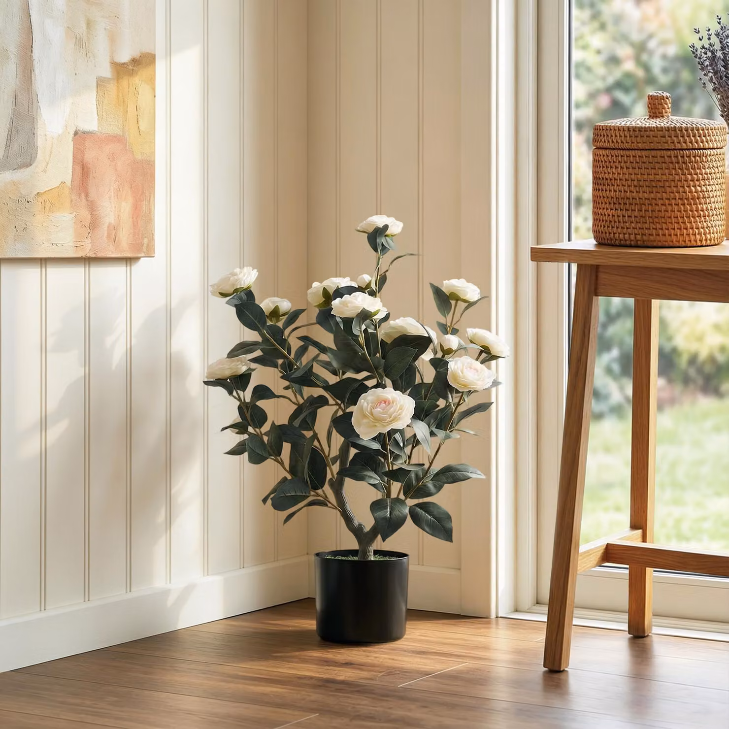HOMCOM White Artificial Camellia Flower Plant in Pot with 116 Leaves, Height: 65 cm – 2