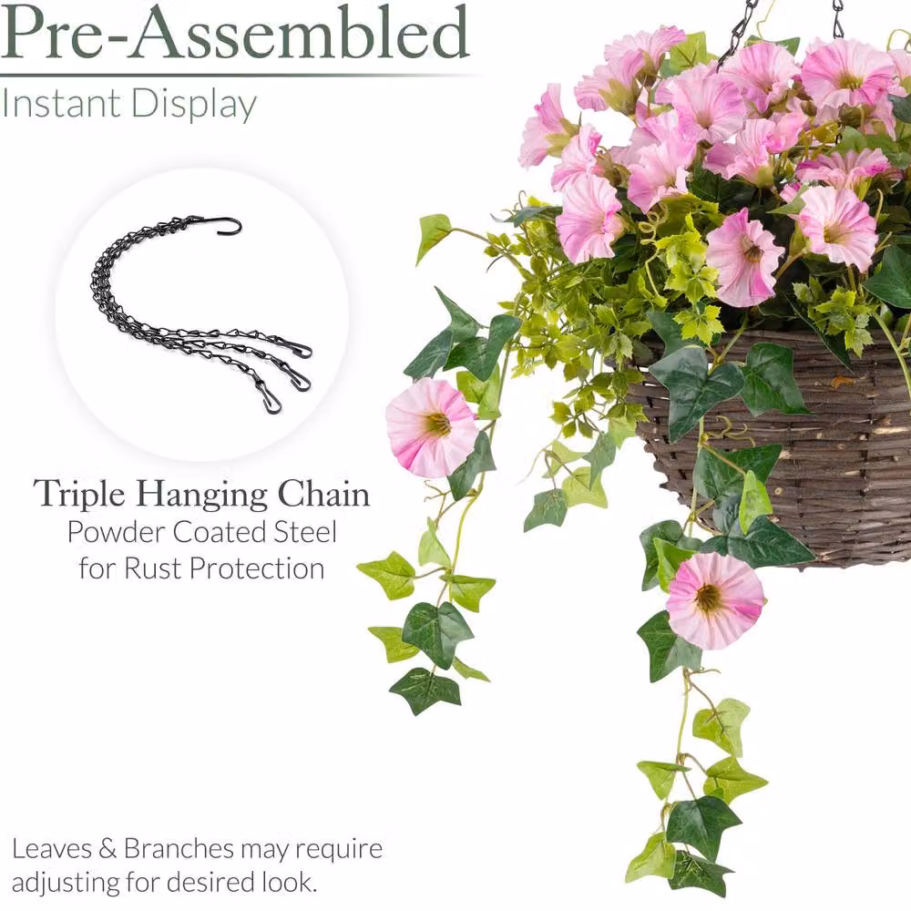 Christow Pink Artificial Petunia Wicker Hanging Basket with UV Resistant Foliage, Diameter: 30 cm – 6