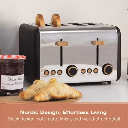 Hamilton Beach 4 Slice Scandi Toaster, 1500W, Matte Black with Wood Effect - HBT02MB – 3