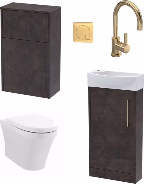 Balterley Right Hand Cloakroom Suite with Vanity, WC, Toilet and Tap Set in Matt Grey with Slate Brass Details