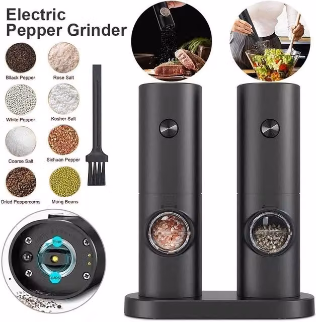 SPETLEK Electric Salt and Pepper Grinder Set, 2-Piece Black Plastic Auto Mill Shakers – 1