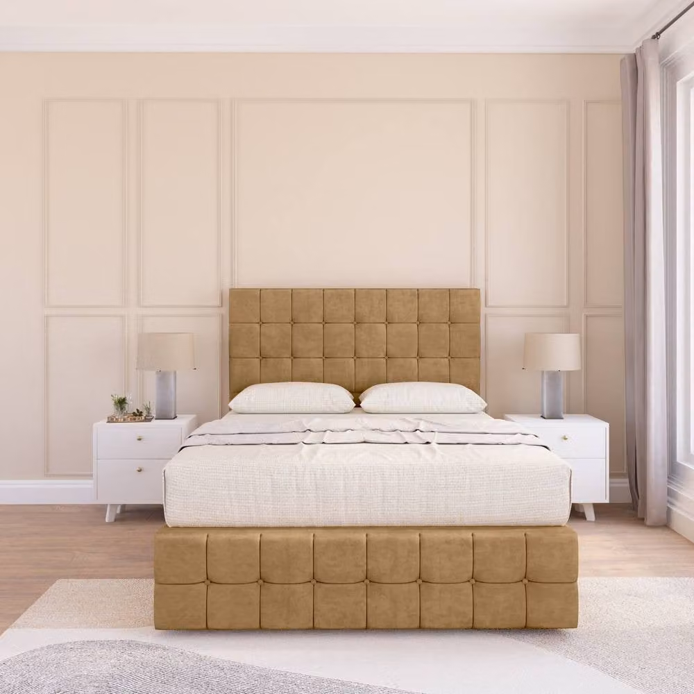 Sloomy Berlin Chesterfield Divan Bed Base with 54 inch Floor Standing Headboard and 12 inch Footboard, Brown Fabric, W/D/H: 90 x 200 cm, Single