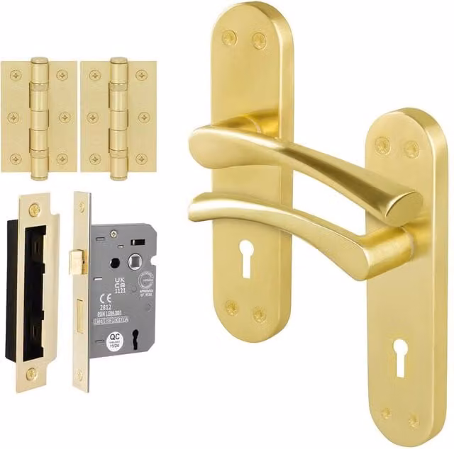 AFIT Satin Brass Twist Handle Sashlock Escutcheon and Hinges Set in Gold, W/D/H: 15 x 15 x 1.5 cm