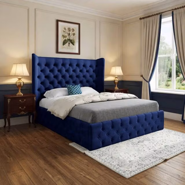 Casani Ickham Blue Velvet Upholstered Winged Designer Bed Frame, W/D/H: 174 x 140 x 137 cm