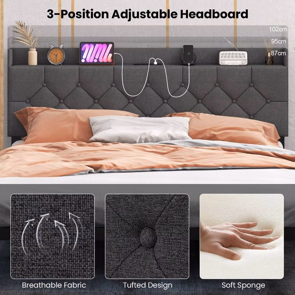 Costway King Size Modern Upholstered Floating Platform Bed Frame in Grey with Under-Bed Lighting and USB Charging Ports, W/D/H: 180 x 200 cm – 5