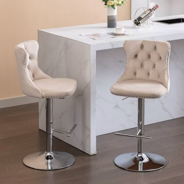 Modern Home Touch Set of 2 Luxury Velvet Adjustable Swivel Bar Stools in Beige with Gold Metal Base
