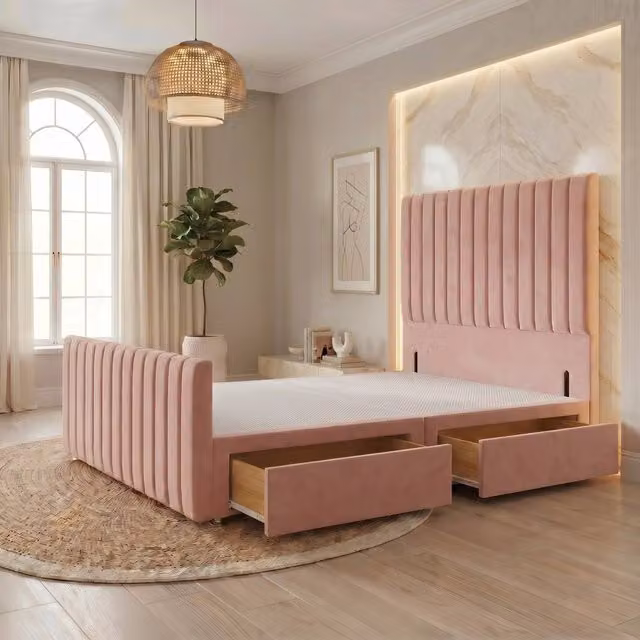 Somnior Eleanor Velvet Divan Base with 2 Drawers, 54 inch Headboard and 22 inch Footboard, Pink, W/D/H: 90 x 190 cm, Single