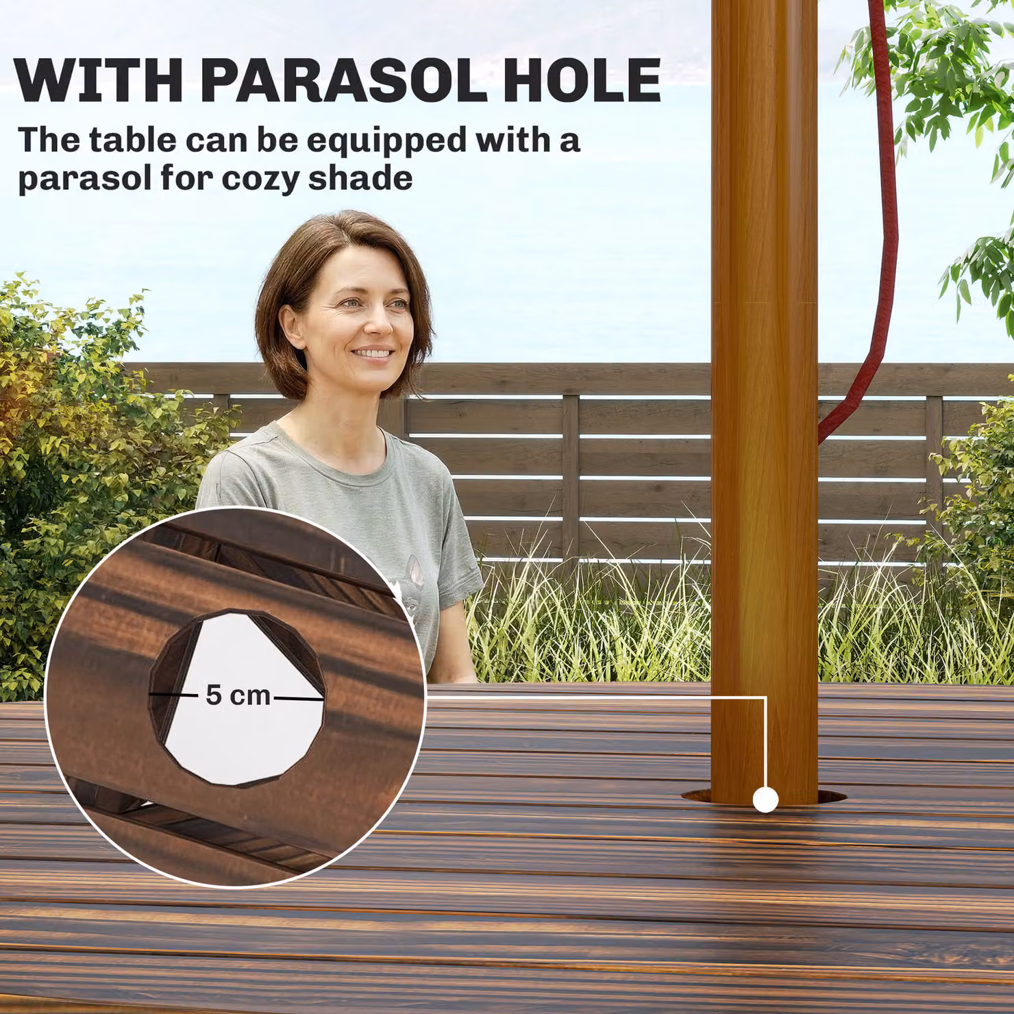 Outsunny 6 Seater Round Wooden Garden Dining Set in Brown with Matching Benches and Parasol Hole – 4