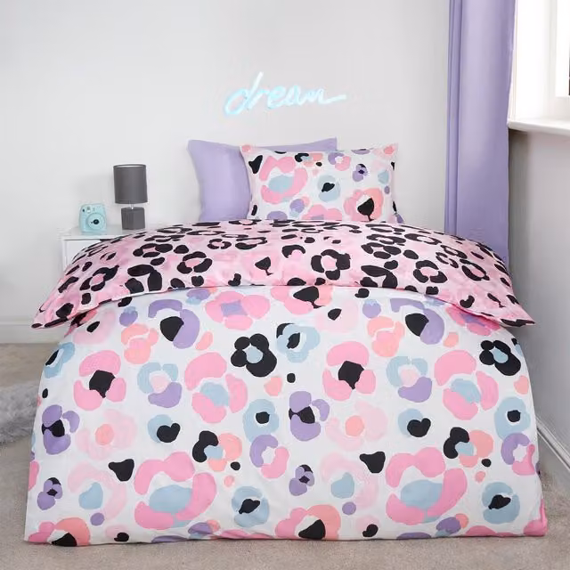 OHS Reversible Pink Leopard Graphic Duvet Cover and Pillowcase Set, W: 140 cm, H: 200 cm
